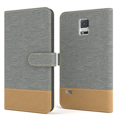 Abbildung von EAZY CASE Tasche kompatibel mit Samsung Galaxy S5/LTE+/Duos/Neo Stoff Schutzhülle Standfunktion Klapphülle Bookstyle, Handytasche Handyhülle, Magnetverschluss und Kartenfach, Kunstleder, Hellgrau