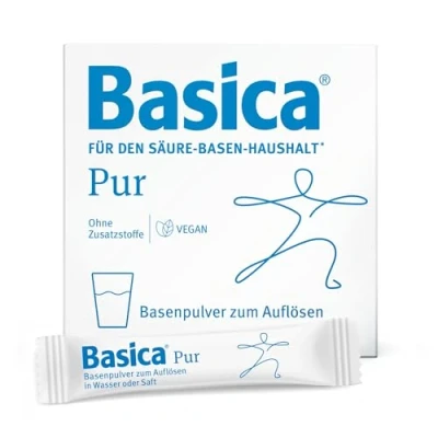 Abbildung von Basica® Pur Basenpulver zum Auflösen in Wasser für eine normale Säure Basen Balance vegan, laktosefrei &amp; ohne Zucker verschiedene basische Mineralien und Spurenelemente 20 Sticks