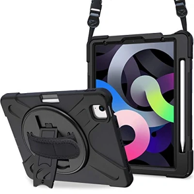 Abbildung von ProCase Stoßfest Robust Hülle für iPad Air 5 Gen 2022/4 Generation 2020 10.9 Zoll Schutzhülle mit 360Drehstand verstellbar Schultergurt, Heavy Duty Case Hybrid Full Body Cover Schwarz
