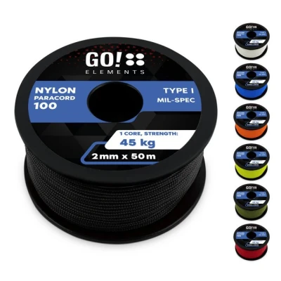 Abbildung von GO!elements 50m Paracord 2mm Seil aus reißfester Nylonschnur 100 Typ I Survival Schnur Reißfest bis 45kg geeignet als Allzweckseil, Reepschnur, Kordel, Maurerschnur, Farbe: Schwarz