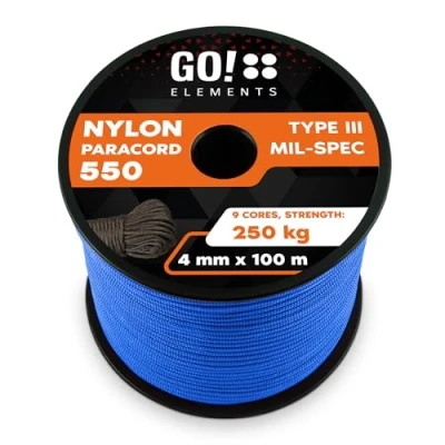 Abbildung von GO!elements 100m Paracord Seil aus reißfester Nylonschnur 4mm 550 Typ III Schnur geeignet als Allzweckseil &amp; Reepschnur Max. 250kg, Farbe: Blau