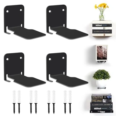 Abbildung von Winter Shore Unsichtbares Schwarzes Bücherregal Wand [4er Pack] Robustes Wandregal Metall aus Eisen zur Wandmontage für Büro, Schlaf &amp; Wohnzimmer Deko Schwebend mit Montagematerial