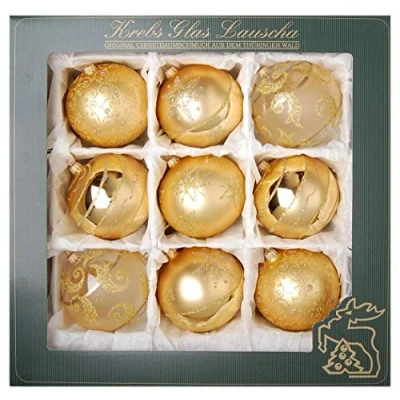 Abbildung von Krebs Glas Lauscha Weihnachtsdekoration/Christbaumschmuck aus Satin Glaskugelsortiment Farbe: Gold Inhalt: 9 Stück Größe: ca. 10 cm