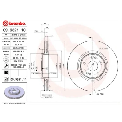 Abbildung von BREMBO COATED DISC LINE 09.9821.11 Bremsscheibe 308 28 5 innenbelüftet beschichtet mit Schrauben RENAULT: LAGUNA 2 Grandtour,