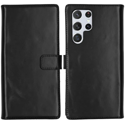 Abbildung von Samsung Galaxy S22 Ultra Hülle Echtleder Selencia Klapphülle Handyhülle Schwarz