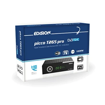 Abbildung von Edision Picco T265 pro Terrestrischer &amp; Kabel Receiver DVB T2/C H265 HEVC FTA Full HD PVR, USB, HDMI, SCART, S/PDIF, IR Auge, USB WiFi Support, Universal 2in1 Fernbedieung, Netzteil Schwarz