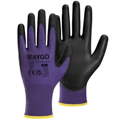 Abbildung von KAYGO 12 Paar Arbeitshandschuhe für Herren Damen, PU beschichtet Schutzhandschuhe, antirutsch Griff an Handflächen und Fingern, Geeignet DIY allgemeine Arbeit Gartenarbeit (Violett, L, Gr 9)