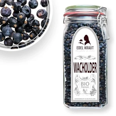 Abbildung von Wacholder Beeren BIO (ganz, getrocknet) Superfood 450g im Premium Glas RAW VEGAN PURE kbA EDEL KRAUT Superfood, Gewürze, Gewürzmischungen aus kontrolliert biologischem Anbau