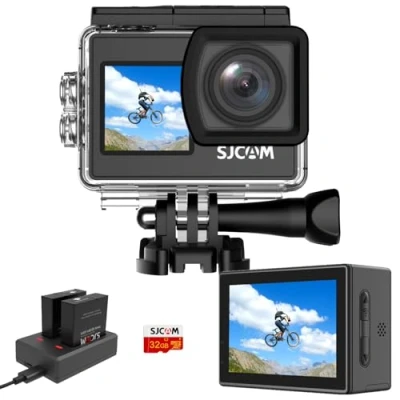 Abbildung von SJCAM Upgraded SJ4000 Action Kamera 4K Ultra HD Dual Screen Unterwasserkamera 98FT Wasserdicht, 170 Weitwinkel, Stabilisierung, WiFi mit extra Akku, SD Karte, Helm Zubehör Kit