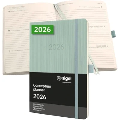 Abbildung von SIGEL C2638 Wochenplaner Wochenkalender 2026, ca. A5, grün, Softcover, 192 Seiten, Gummiband, Stiftschlaufe, Archivtasche, aus nachhaltigem Papier, Conceptum