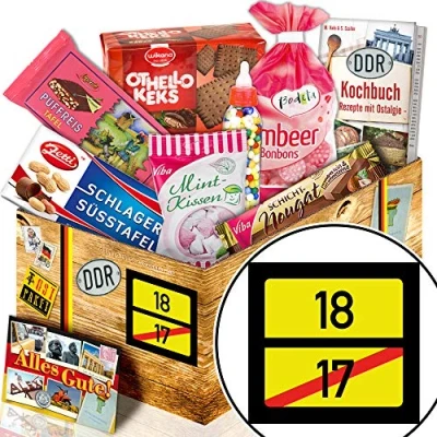 Abbildung von Ortsschild 18 + Süßigkeiten Box DDR Geschenk zum 18. Geburtstag