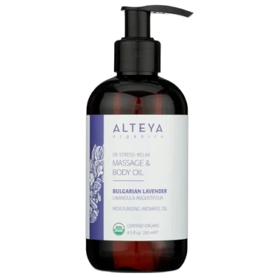 Abbildung von Alteya Bio Massage und Körperölmischung mit entspannendem Lavendel 250 ml USDA Organic zertifiziert Rein Natürlich Beruhigende aufbauende Hautpflege