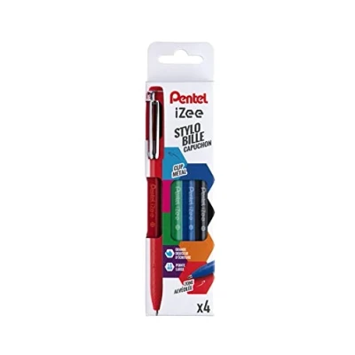 Abbildung von Pentel iZee BX460 Kugelschreiber, mit Metallclip, breite Spitze, 1 mm, Schwarz/Rot/Blau/Grün, 4 Stück, BX460/4 BASIC