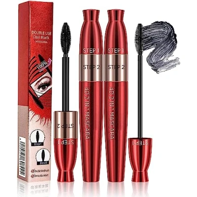 Abbildung von 4D Verlängerungs Curling Mascara, 2 in 1 Schwarz Mascara mit zwei Köpfen, wasserfeste Wimperntusche aus Seidenfaser Wimperntusche, nicht verschmierende, dauerhafte