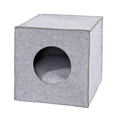 Abbildung von lionto Katzenhöhle aus stabilem Filz passend für Kallax Regale &amp; andere Regalsysteme, 33x37x33 cm, Katzenbett faltbar in Würfelform freistehend, pflegeleicht, mit gemütlichem Liegekissen, hellgrau