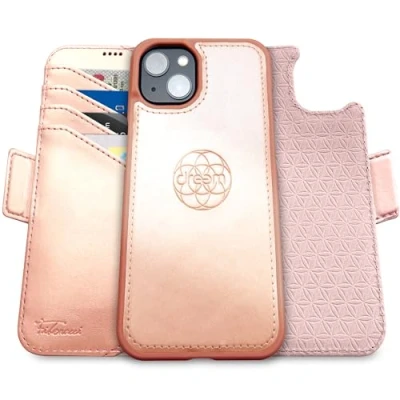 Abbildung von Dreem Fibonacci kompatibel mit iPhone 15 Plus Brieftaschen Etui / 2 in 1 stoßfestes und abnehmbares Folio aus veganem Leder, MagSafe kompatibel, RFID Schutz [Rosa]