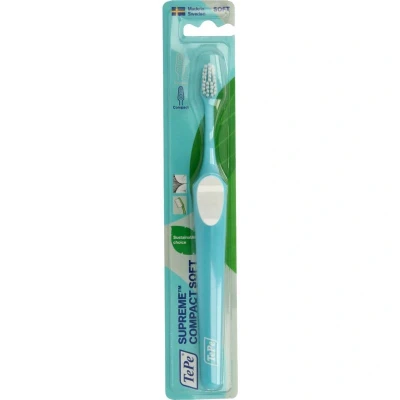 Abbildung von TePe Supreme Compact Zahnbürste Konische Bürsten Form mit kurzen und langen Borsten für optimale, sanfte Reinigung bis in die Zahnzwischenräume, zufällige Farbe