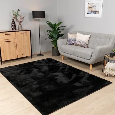 Abbildung von Paco Home Teppich Wohnzimmer Schlafzimmer Kurzflor Waschbar Einfarbiges Muster Flauschig Weich rutschfest Moderne Deko, Grösse:120x170 cm, Farbe:Schwarz