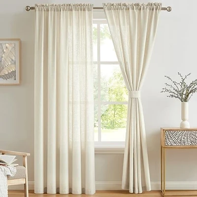 Abbildung von Melodieux Voile Vorhänge aus Kunstleinen, halbtransparent, für Schlafzimmer, Wohnzimmer, Fenster, Beige, 140 x 183 cm, 2 Paneele