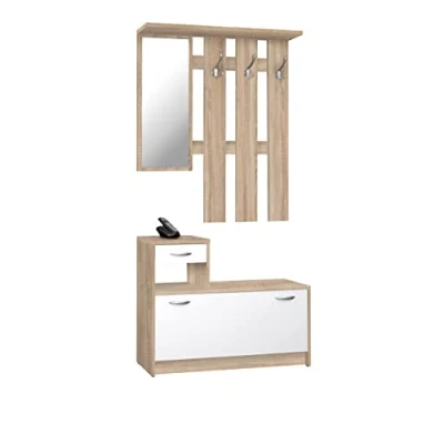 Abbildung von Avanti Trendstore Rodolfo Wandgarderobe mit Spiegel, Paneel 6 Kleiderhaken und Schuhkipper, aus Holzdekor Sonoma Eiche Weiß, Maße: BHT 100x191x25 cm
