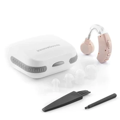 Abbildung von InnovaGoods® Kompakter Retro Ohrhörerverstärker, Klasse IIA, ergonomisch und anpassungsfähig, einstellbare Lautstärke, Einstell Steuerknopf, Reinigungsstäbchen Bürste inklusive.