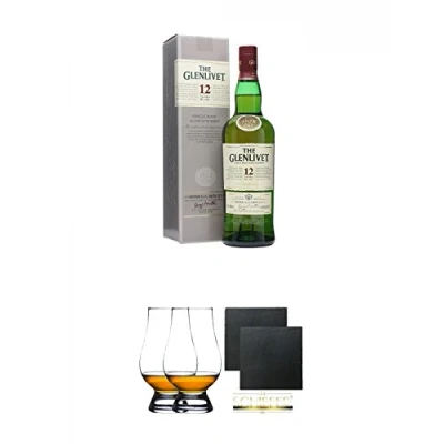 Abbildung von Glenlivet 12 Jahre Single Malt Whisky 0,7 Liter + The Glencairn Glass Glas Stölzle 2 Stück Schiefer Glasuntersetzer eckig ca. 9,5 cm Ø