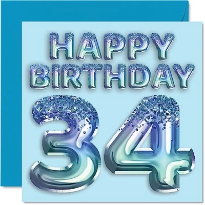 Abbildung von Stuff4 Geburtstagskarte zum 34. Geburtstag für Männer Blauer Glitzer Partyballon Happy Birthday Karten 34 Jahre alten Mann, Bruder, Freund, Onkel, Vater, 145 mm x
