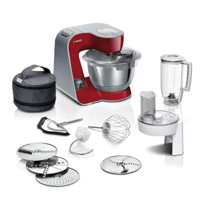 Abbildung von BOSCH Küchenmaschine &quot;Serie 4 MUM5X720, integr. Waage, Durchlaufschnitzler, Mixer, rot&quot;, 3 Scheiben, Schüssel, Knethaken/Rühr /Schlagbesen, spülmaschinenfest