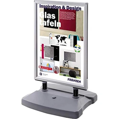 Abbildung von FRANKEN Plakatständer Kundenstopper A1 mit Klapprahmentechnik, freistehend, doppelseitig, Aluminiumrahmen, Tank Fuß, BS1304