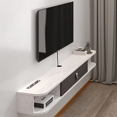 Abbildung von Pmnianhua schwebende TV Einheit, wandmontierter Schrank, Regale mit Tür, moderne Unterhaltungs Medienkonsole, großer Stauraum, Bank für Wohnzimmer und Büro (140 cm, Grauweiß)
