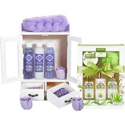 Abbildung von BRUBAKER Cosmetics 2 in 1 Pflegeset Lavendel &amp; Aloe Vera Großes 15 teiliges Wellness Set Damen Dusch und Badeset Frauen Beauty Geschenkset mit Deko Holzschrank