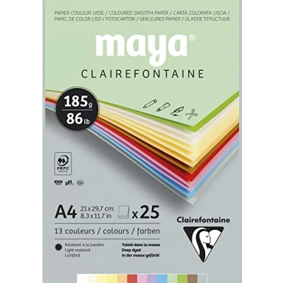 Abbildung von Clairefontaine 975334C Malblock verleimt mit 25 Blatt Maya Zeichenpapier, glatt 21x29,7 cm 185g, Pastell farbig sortiert (12 Farben + 1 weiß )
