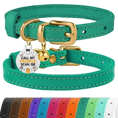 Abbildung von BRONZEDOG Katzenhalsband aus Leder mit Glöckchen, Nicht abreißbar, QR Tag für Mädchen und Jungen (Türkis Gold, 23 28 cm)