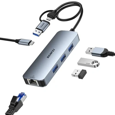 Abbildung von BENFEI USB C 3.0 auf Gigabit Ethernet Adapter, 3 Ports Hub mit RJ45 LAN Netzwerkadapter，USB C/USB Adapter für MacBook Pro/Air 2023 iPad Pro iMac S23 XPS17 Surface Book