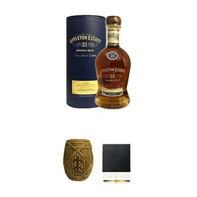 Abbildung von Appleton Estate Extra 21 Jahre Jamaika Rum 0,7 Liter + Plantation MUG ohne Eichstrich 1 Stück Schiefer Glasuntersetzer eckig ca. 9,5 cm Durchmesser