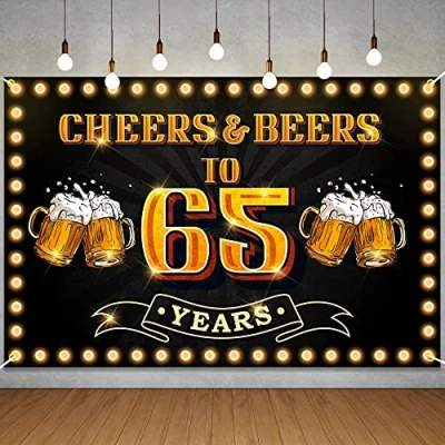 Abbildung von Banner mit Aufschrift Cheers and Beers to 65 Years Happy 65th Birthday, Hintergrund für Männer und Frauen, Fotografie, Geburtstag, Jahrestag, Party, Schild, Dekorationen, Zubehör, Schwarz Gold