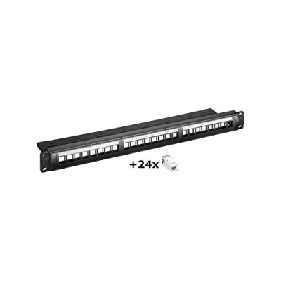 Abbildung von Goobay 95336 Keystone Patch Panel 24 Port / 19 Zoll Gehäuse mit 24x CAT 6 RJ45 Modulen 1 HE Verteilerfeld Patchfeld Snap In Schwarz