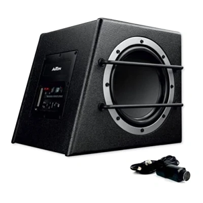 Abbildung von AXTON ATB20A 20 cm / 8“ Aktiv Subwoofer für Auto und Reisemobile, kompakte Gehäuse Bass Box mit Verstärker, aktive Basskiste High Level Eingängen, 100 Watt RMS