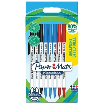 Abbildung von PAPER MATE Kilometrico Kugelschreiber lange Schreibdauer mit mittlerer Spitze (1,0 mm) schwarze, blaue und rote Tinte 80% recyceltes Plastik 8 Stück