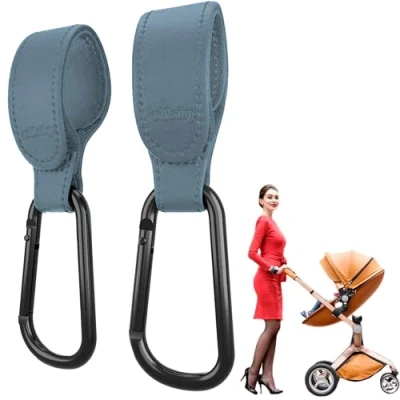Abbildung von Edibaby, Kinderwagen Haken, Zubehör, aus Leder, 2 Stück, Universell Einsetzbar, Karabinerhaken für zum Aufhängen von Taschen, Rucksäcken, Geldbörsen (Grau)