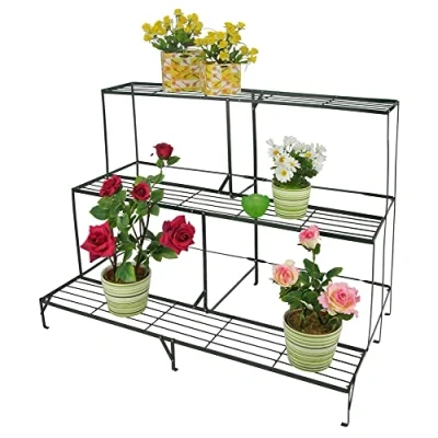 Abbildung von Haushalt International Pflanzentreppe mit 3 Stufen Ebenen 100x60x75 cm aus Metall Blumentreppe Blumenständer Pflanzenregal Blumenregal Blumenetagere Eckregal grün
