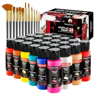 Abbildung von Fantastory Oster Acrylfarben Set 24x 60ml,12 Pinsel;Exzellente Deckkraft,hohe Lichtechtheit,wasserfest Acrylic Paint;für Leinwand,Holz,Keramik,Modelle;Künstler,Profis,Anfänger[ProfessionelleSerie]