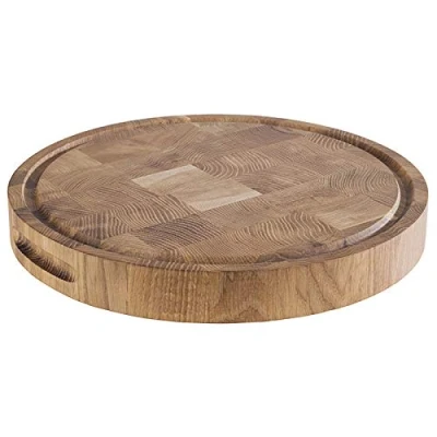 Abbildung von APS Schneidbrett Käsebrett aus geöltem Eichenholz, ∅ 33 cm, H: 4,5cm, Holzbrett mit Saftrinne, Käseplatte Antirutsch Füßchen und Griffmulden, ohne Haube