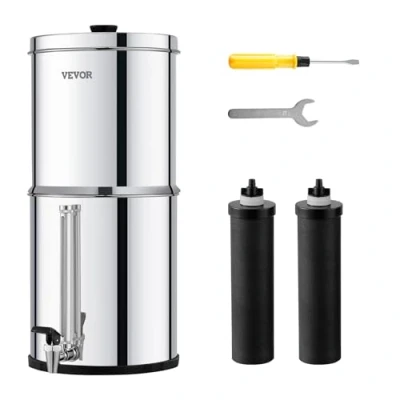 Abbildung von VEVOR Schwerkraft Wasserfiltersystem Edelstahl Arbeitsplattensystem 7+8,5L Wasserfiltrationssystem, reduziert Blei und bis zu 99% Chlor, mit 2 Kohlefiltern Wasserstandshahn, Camping Wohnmobil