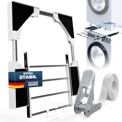Abbildung von Zwischenbaurahmen mit Wäscheleine, Verbindungsrahmen waschmaschine trockner universal Einstellbare Größe Zwischenbausatz ausziehbarer Handtuchhalter