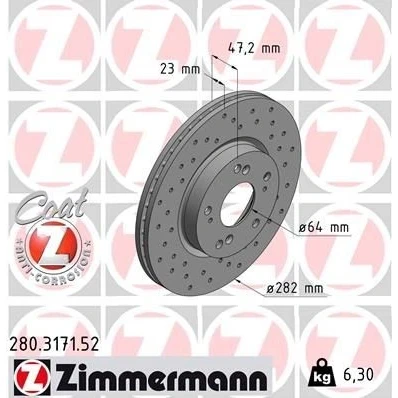 Abbildung von ZIMMERMANN SPORT COAT Z 280.3171.52 Bremsscheibe 282 23 9/5 5 114 innenbelüftet, gelocht beschichtet HONDA: CIVIC 8 Hatchback, FR V