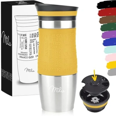 Abbildung von Milu Thermobecher Kaffee to go 370ml, 450ml Isolierbecher Kaffeebecher 100% Auslaufsicher Trinkbecher aus Edelstahl Autobecher doppelwand Isolierung Thermo Becher Travel Mug (Mango, 370ml)