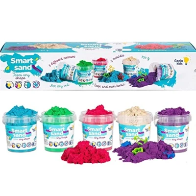 Abbildung von Genio Kids Magic Sand 750g Zaubersand 5 Farben Bunter Set, Sandknete Zubehör Spielsand für drinnen, Magischer Knetsand geschenke Kinder, Mädchen und Jungen