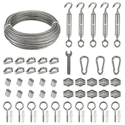 Abbildung von Drahtseil Edelstahl Set 60pcs, 35m/2mm Stahlseil für Rankhilfe mit M5 Spannschloss Seilspanner, Ösenschraube/Ringschraube Augen Schraubösen, Seilkauschen, Alu Seilklemmen, Drahtseilklemmen