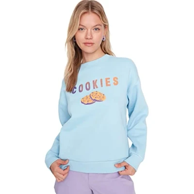Abbildung von TRENDYOL Damen Crew Neck With Slogan Regular Sweatshirt, Light Blue, M EU